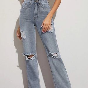 High Waisted Ripped Straight Leg Jeans
